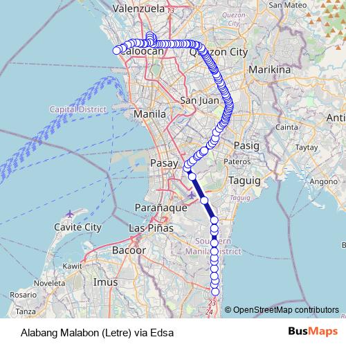 Alabang Malabon (Letre) via Edsa bus Line Map