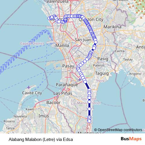 Alabang Malabon (Letre) via Edsa bus Line Map