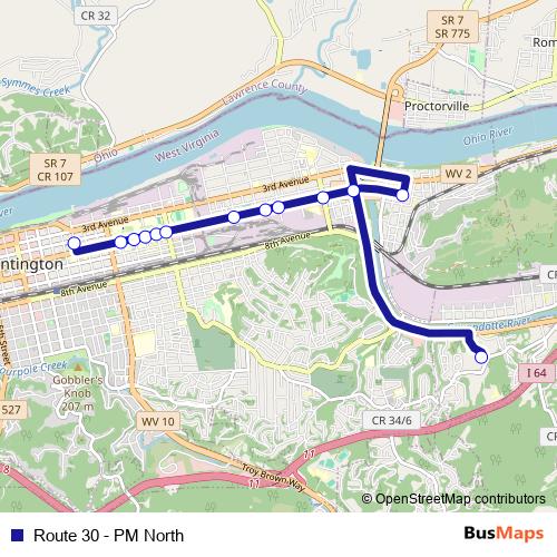 Route 30 - PM North bus Line Map