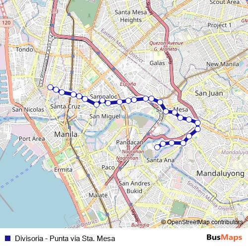 Divisoria - Punta via Sta. Mesa bus Line Map