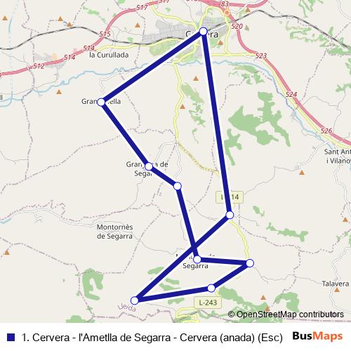 1. Cervera - l'Ametlla de Segarra - Cervera (anada) (Esc) bus Line Map
