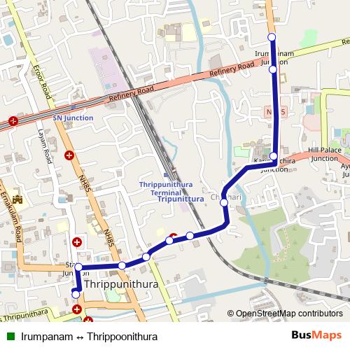 Irumpanam ↔ Thrippoonithura bus Line Map