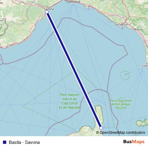 Bastia - Savona ferry Line Map