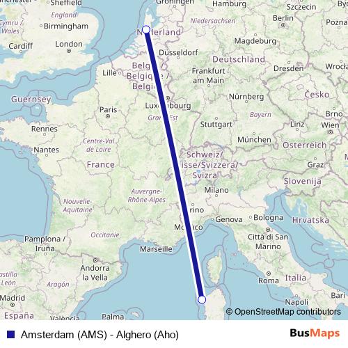 Amsterdam (AMS) - Alghero (Aho) air Line Map