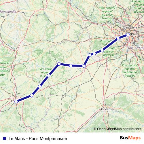 Le Mans - Paris Montparnasse rail Line Map