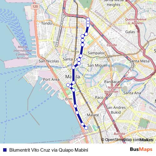 Blumentrit Vito Cruz via Quiapo Mabini bus Line Map