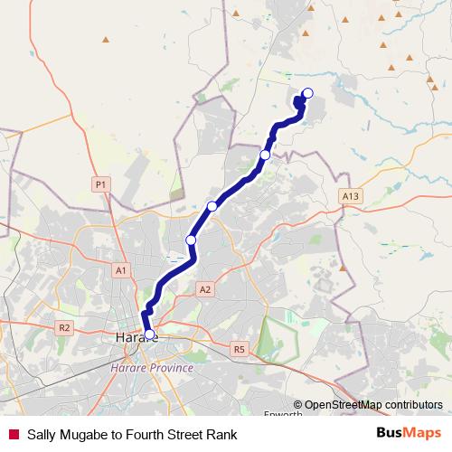 Sally Mugabe to Fourth Street Rank bus Line Map