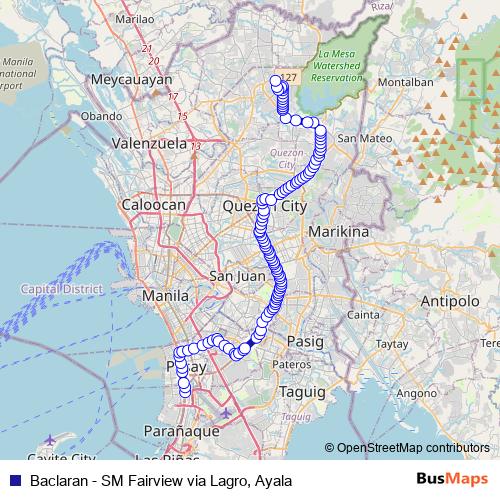Baclaran - SM Fairview via Lagro, Ayala bus Line Map