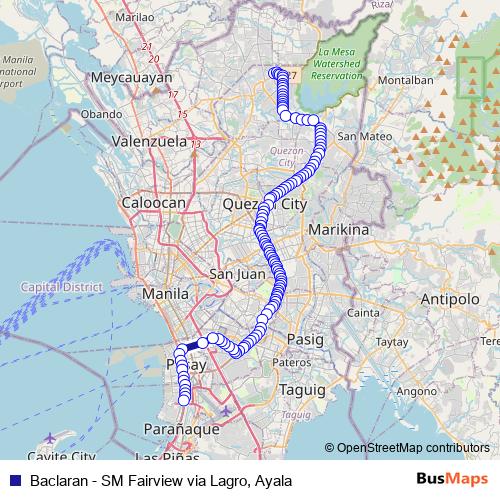 Baclaran - SM Fairview via Lagro, Ayala bus Line Map