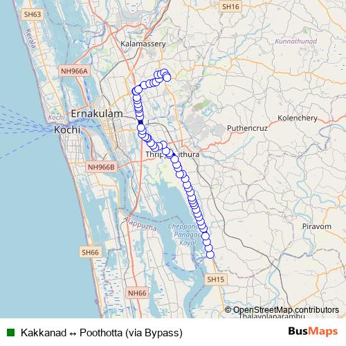 Kakkanad ↔ Poothotta (via Bypass) bus Line Map