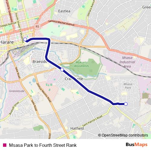 Msasa Park to Fourth Street Rank bus Line Map