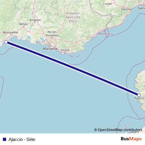 Ajaccio - Sète ferry Line Map