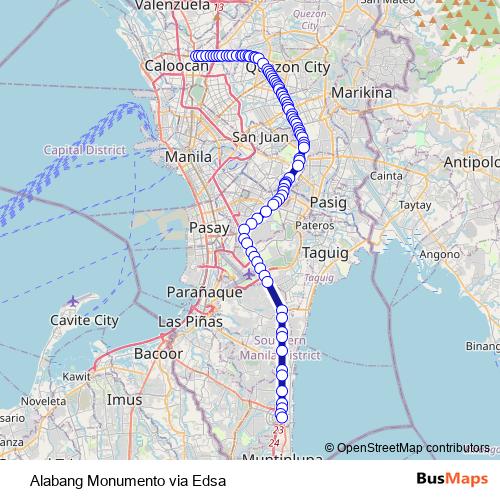 Alabang Monumento via Edsa bus Line Map